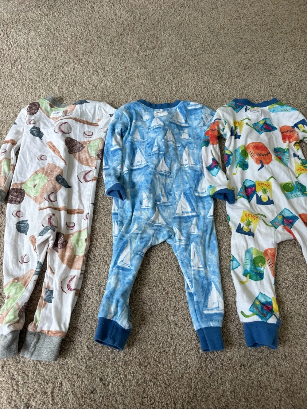 Burt’s Bees Baby Set Of 3 Pajamas 18 Months Zipper Boats Juice Box Baseball
